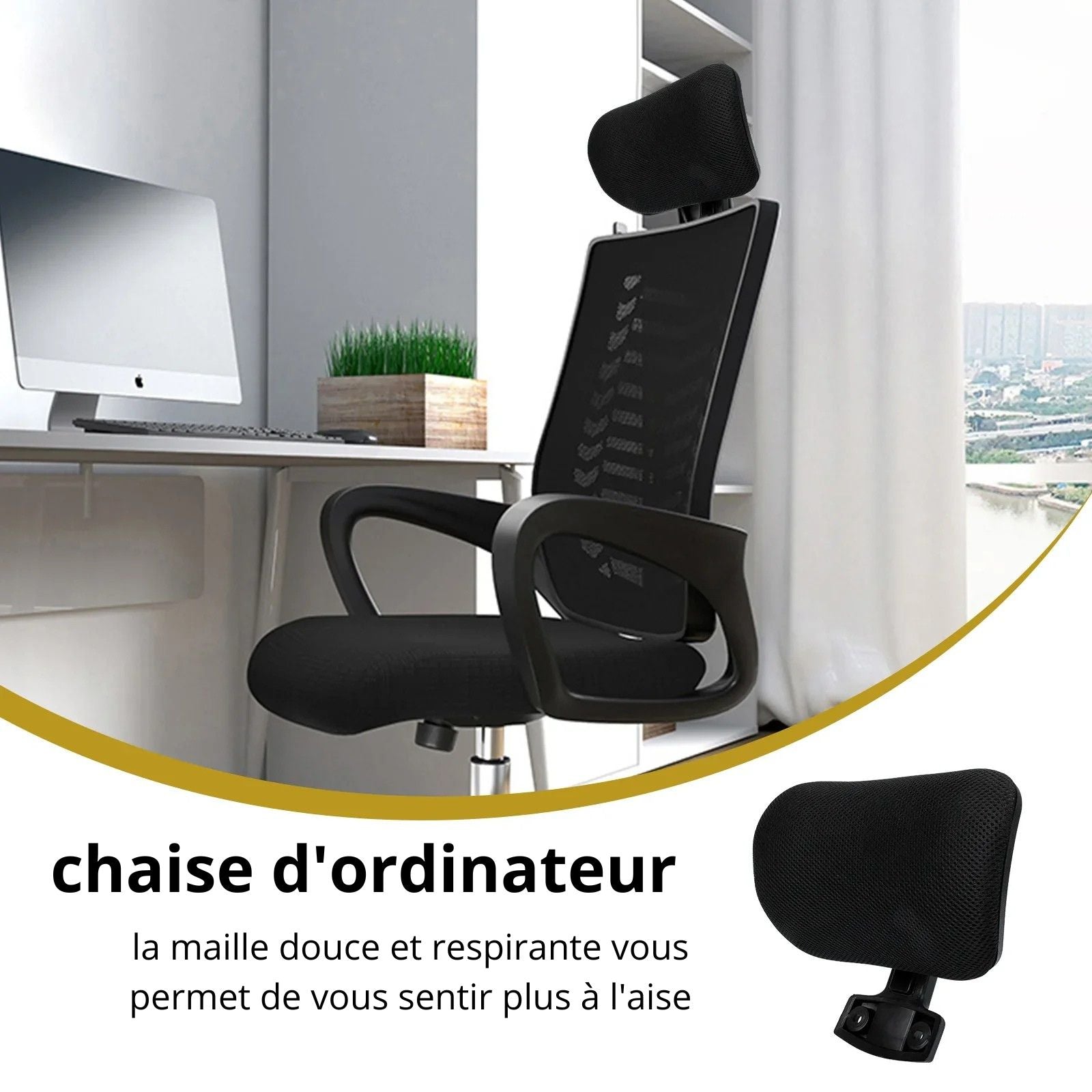 Appui-Tête Ergonomique Noir Pour Chaise De Bureau